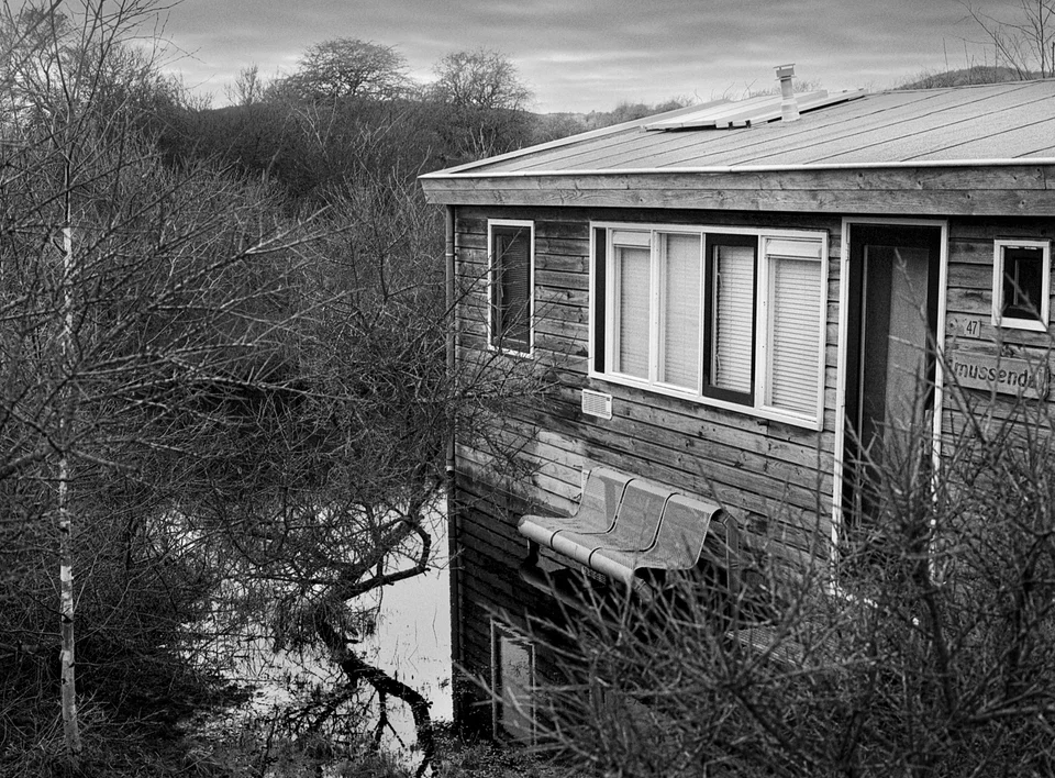 A dark timber house with white window frames surrounded by water and bare branches.